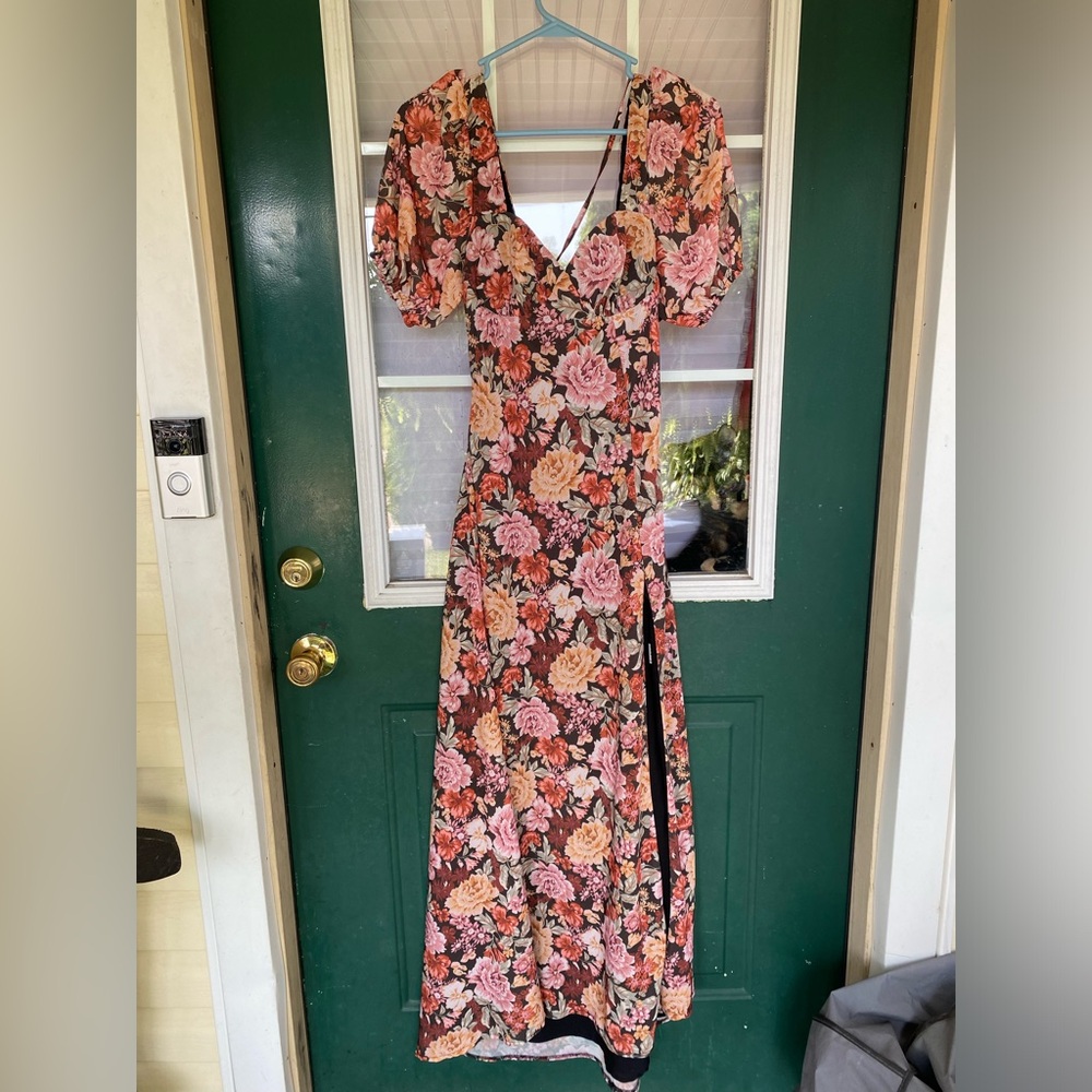 Floral ShowPo Short Sleeve Dress with High Slit and Strap Cut Out Back